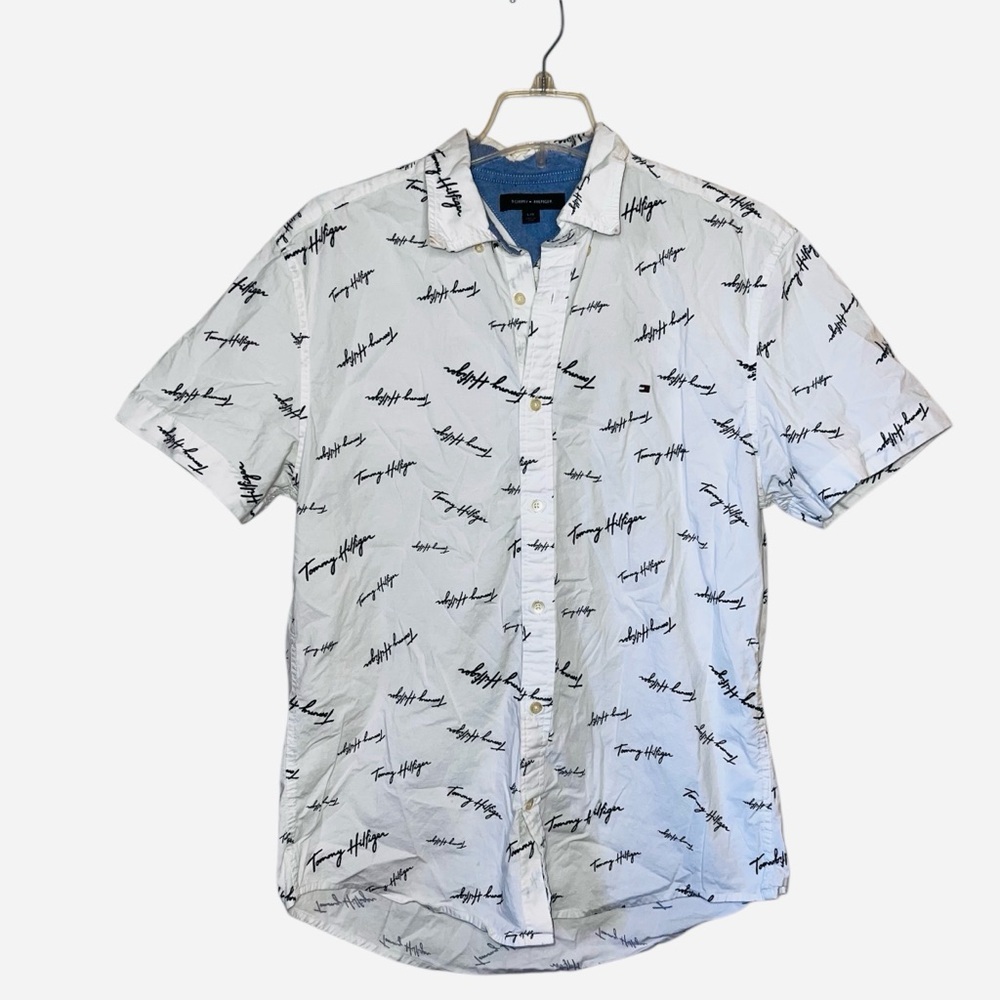 Tommy Hilfiger White Button Down Casual Shirt with Logo Signature Size Large